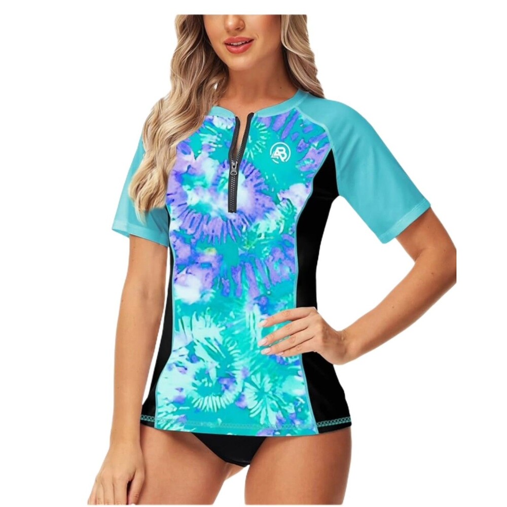 Swim Shirt For Women Short Sleeve Aqua Tie-Dye Rash Guard UPF 50+ Protection XL